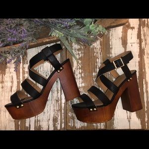 Black + faux wood platform heels